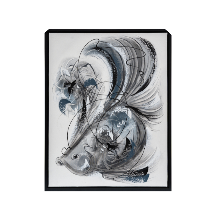 This image features an abstract monochrome painting of a fish, presented within an elegant, simple black frame. The artwork captures the grace and fluidity of a fish through bold, sweeping lines and a tasteful use of light and shadow.