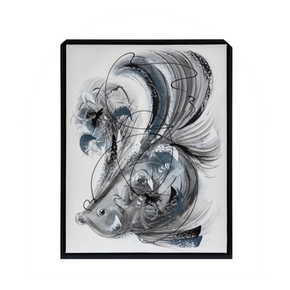 This image features an abstract monochrome painting of a fish, presented within an elegant, simple black frame. The artwork captures the grace and fluidity of a fish through bold, sweeping lines and a tasteful use of light and shadow.