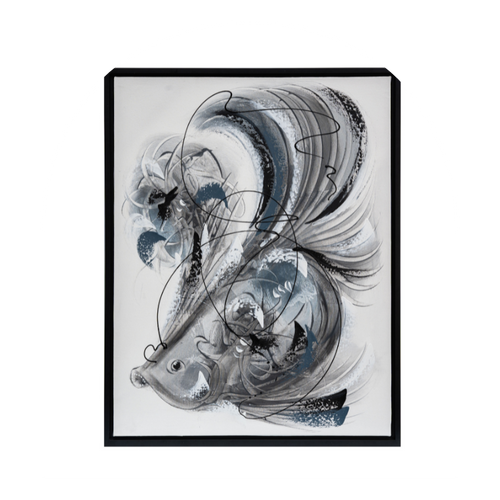 This image features an abstract monochrome painting of a fish, presented within an elegant, simple black frame. The artwork captures the grace and fluidity of a fish through bold, sweeping lines and a tasteful use of light and shadow.