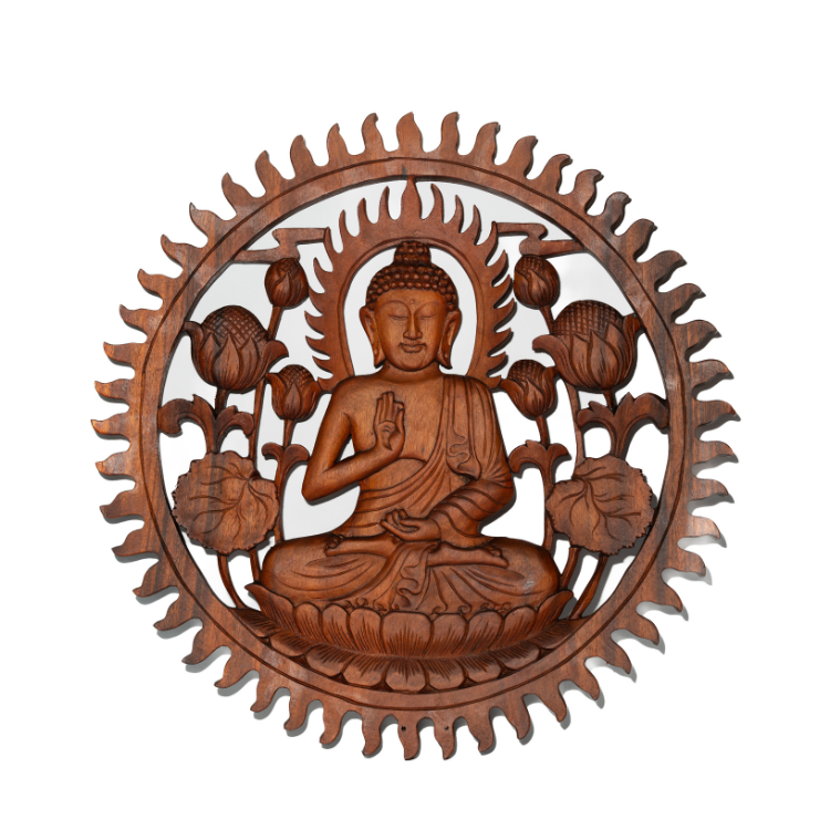 Handcrafted wooden wall hanging depicting a seated Buddha figure with lotus designs and a sunburst pattern in a brown hue.