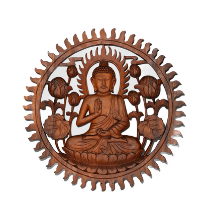 Handcrafted wooden wall hanging depicting a seated Buddha figure with lotus designs and a sunburst pattern in a brown hue.