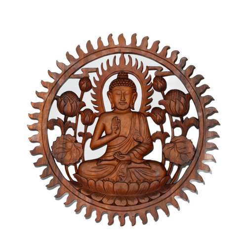 Handcrafted wooden wall hanging depicting a seated Buddha figure with lotus designs and a sunburst pattern in a brown hue.