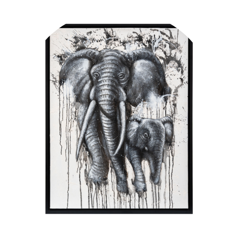 A framed black and white painting of a mother elephant and her calf with a contemporary dripping effect at the bottom.