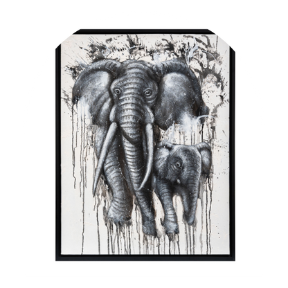 A framed black and white painting of a mother elephant and her calf with a contemporary dripping effect at the bottom.