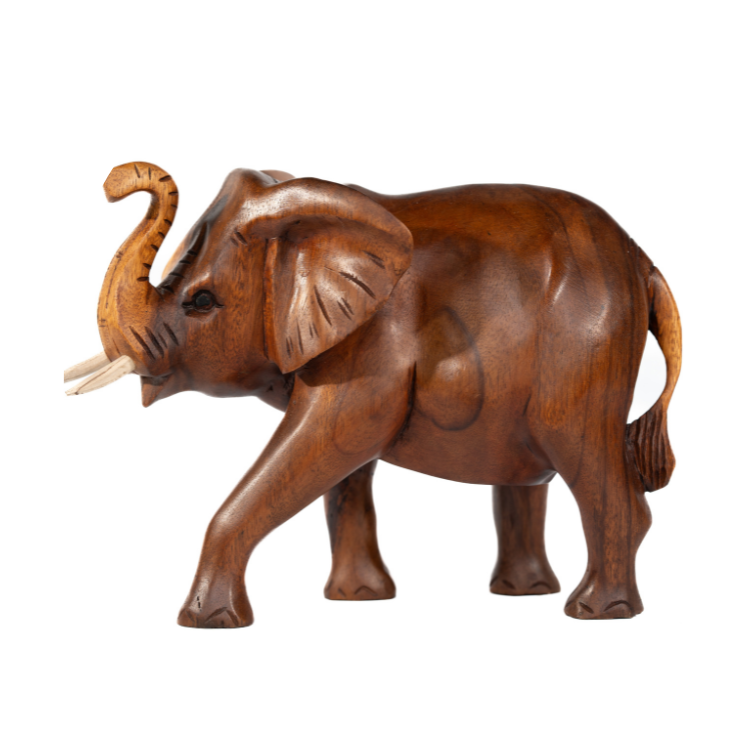 A handcrafted wooden elephant statue with a natural brown finish, depicting the animal in a standing position.