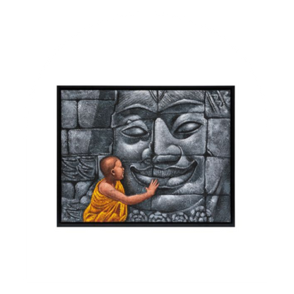 A painting depicting a young monk in a saffron robe touching an ancient stone face carved into a temple wall.