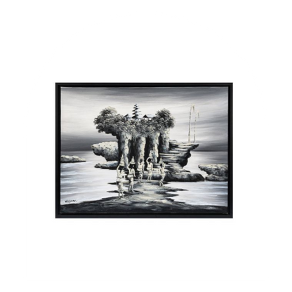 A painting of Tanah Lot Temple, depicting a Balinese sea temple on a rock formation with lush vegetation and stone steps, viewed from a distance with figures on the steps. The frame is white.