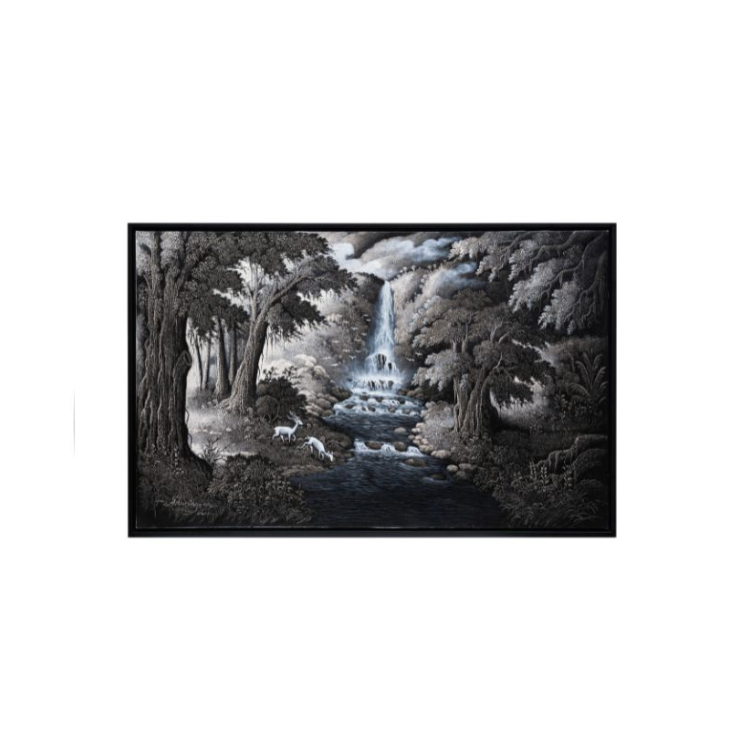 A monochrome forest landscape painting featuring a river and waterfall, with trees and foliage.