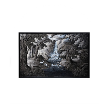 A monochrome forest landscape painting featuring a river and waterfall, with trees and foliage.