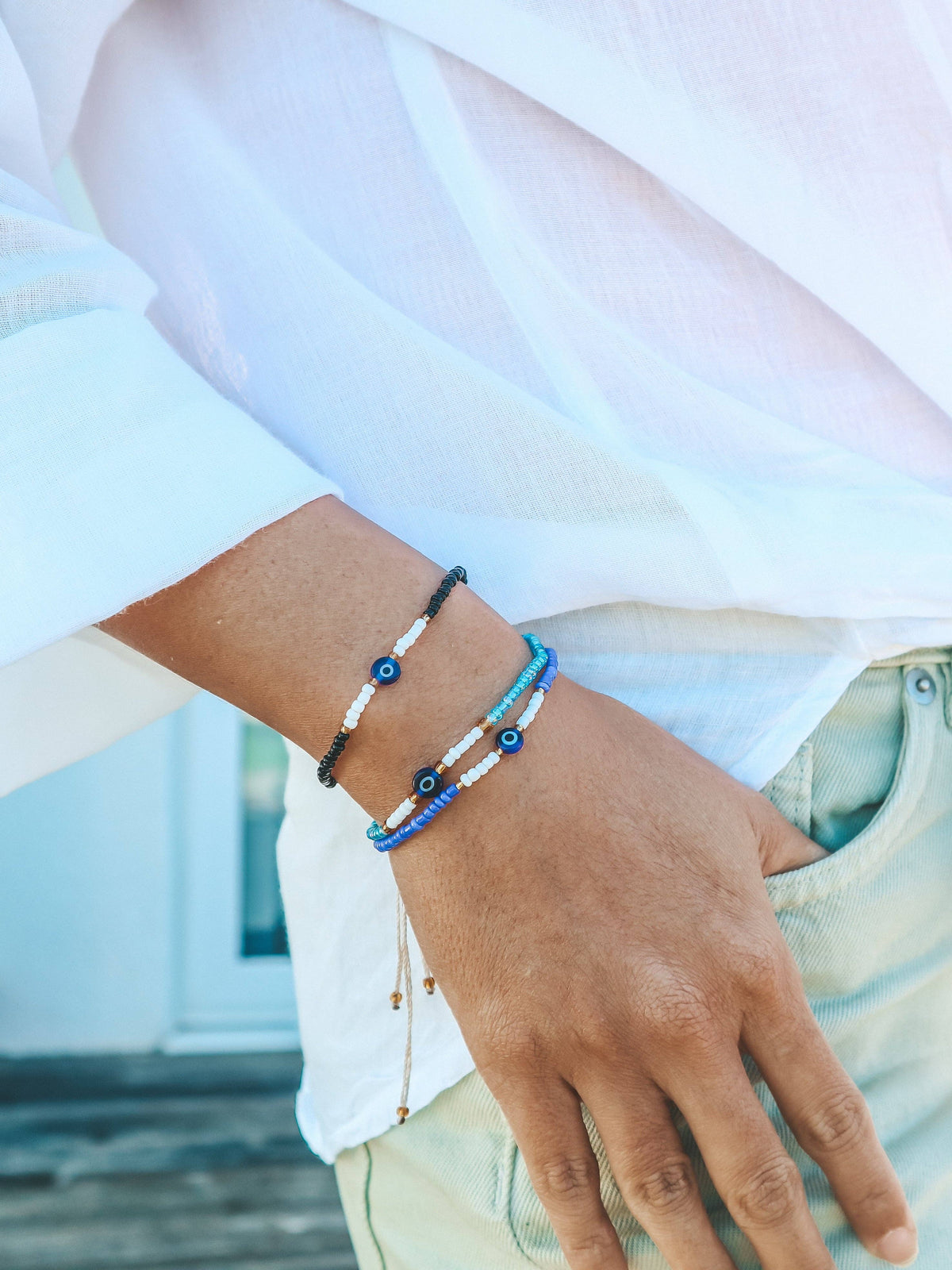 Ubud Evil Eye Seed Bead Bracelet: Blue